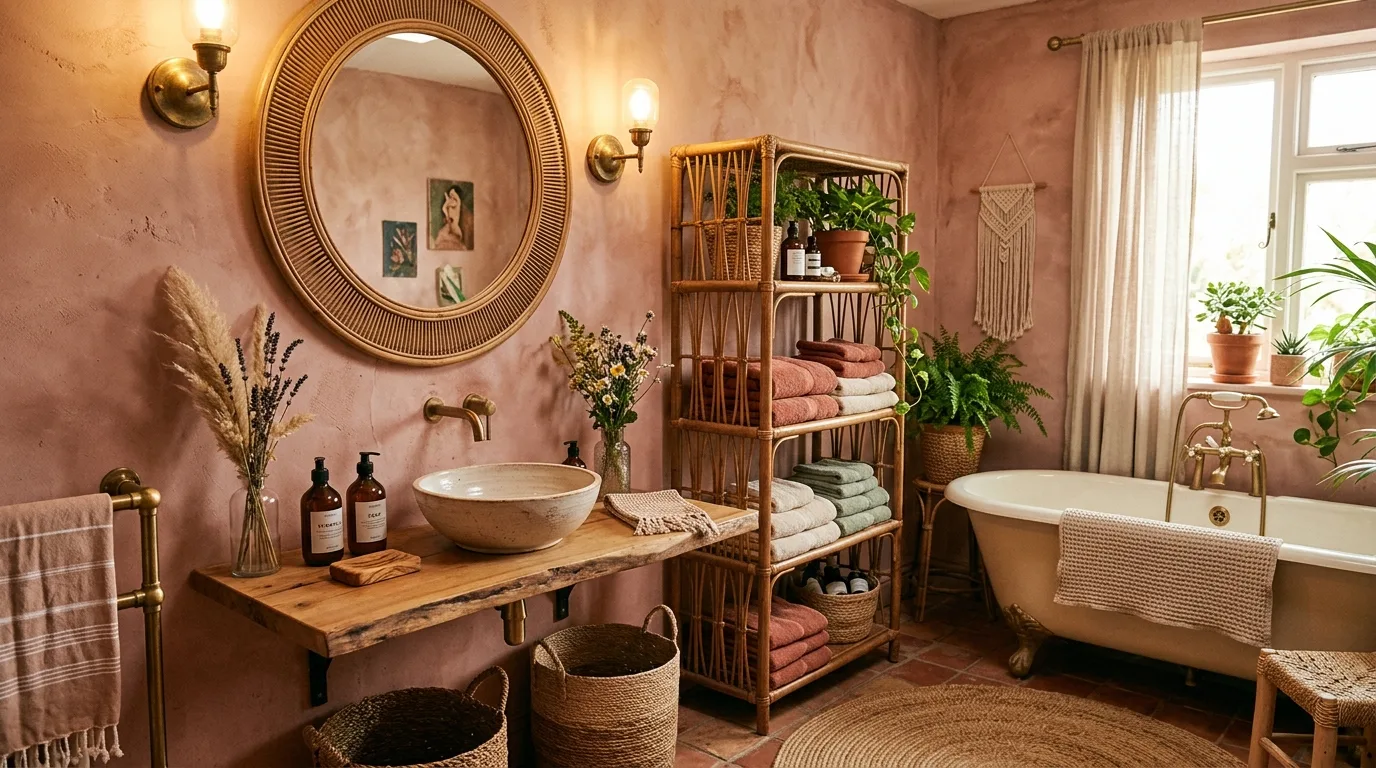 add texture for more depth in a bathroom inspired by earthy pink brown warm.