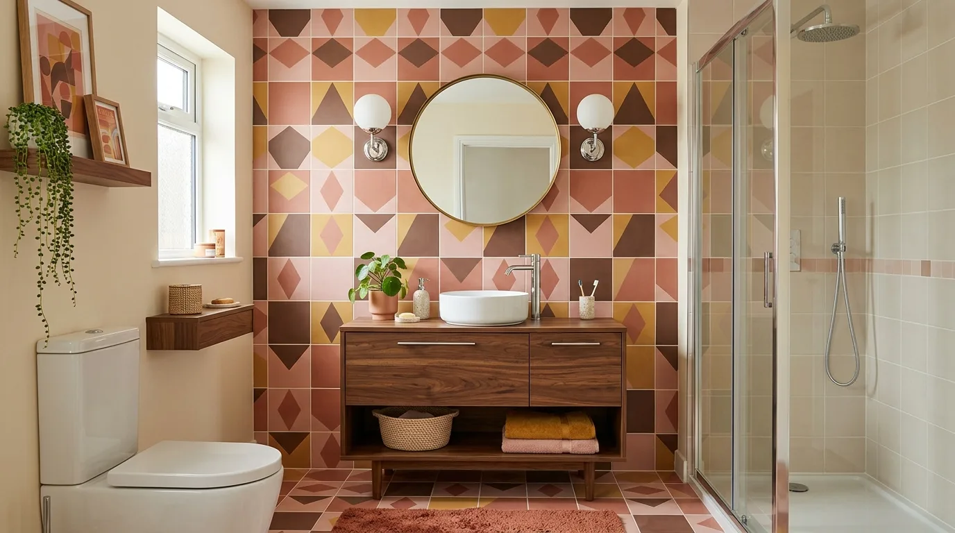 keep fixtures and lines thoughtful in a bathroom inspired by earthy pink brown warm.