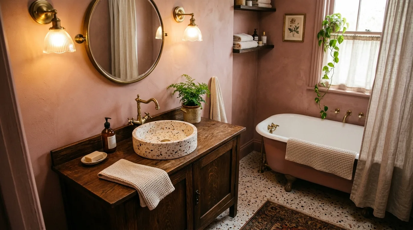 balance boldness with breathing room in a bathroom inspired by earthy pink brown warm.