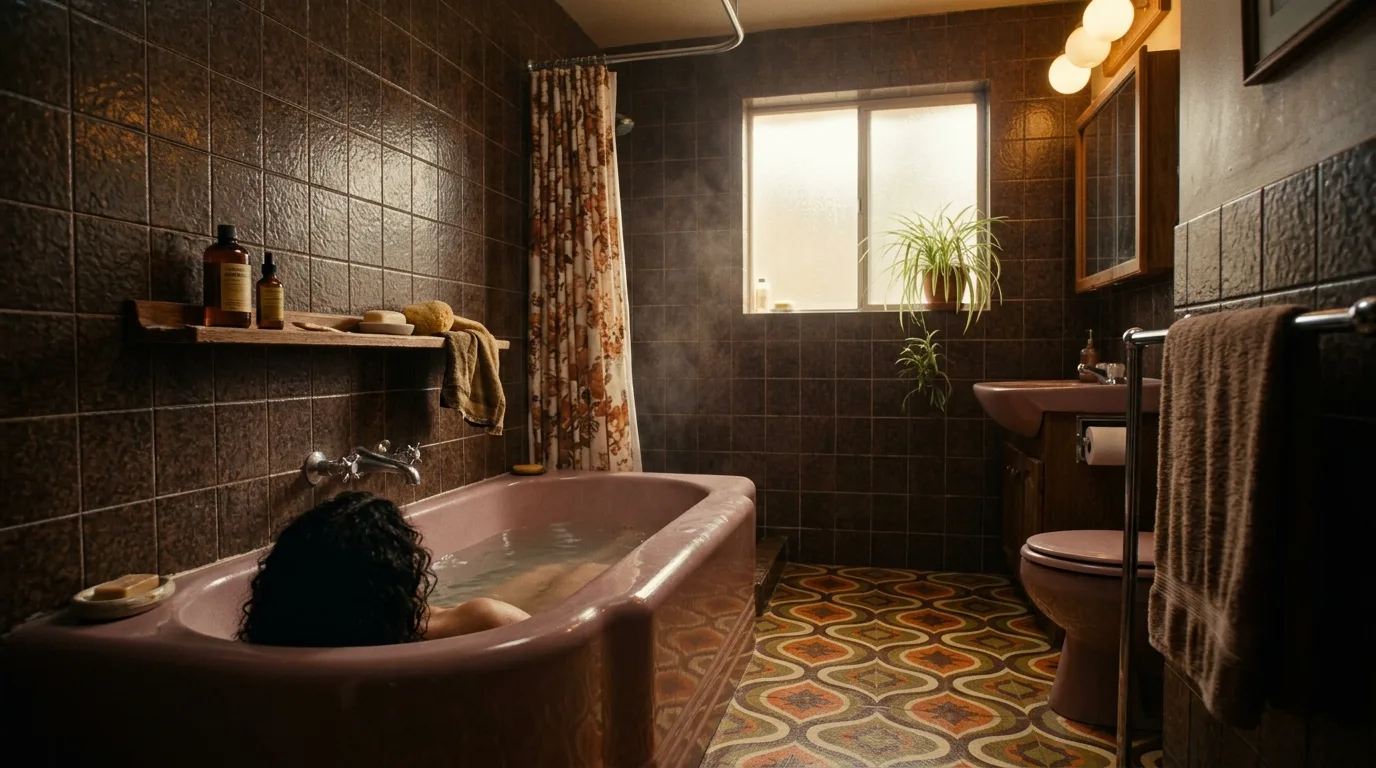 use decor that reinforces the look in a bathroom inspired by earthy pink brown warm.