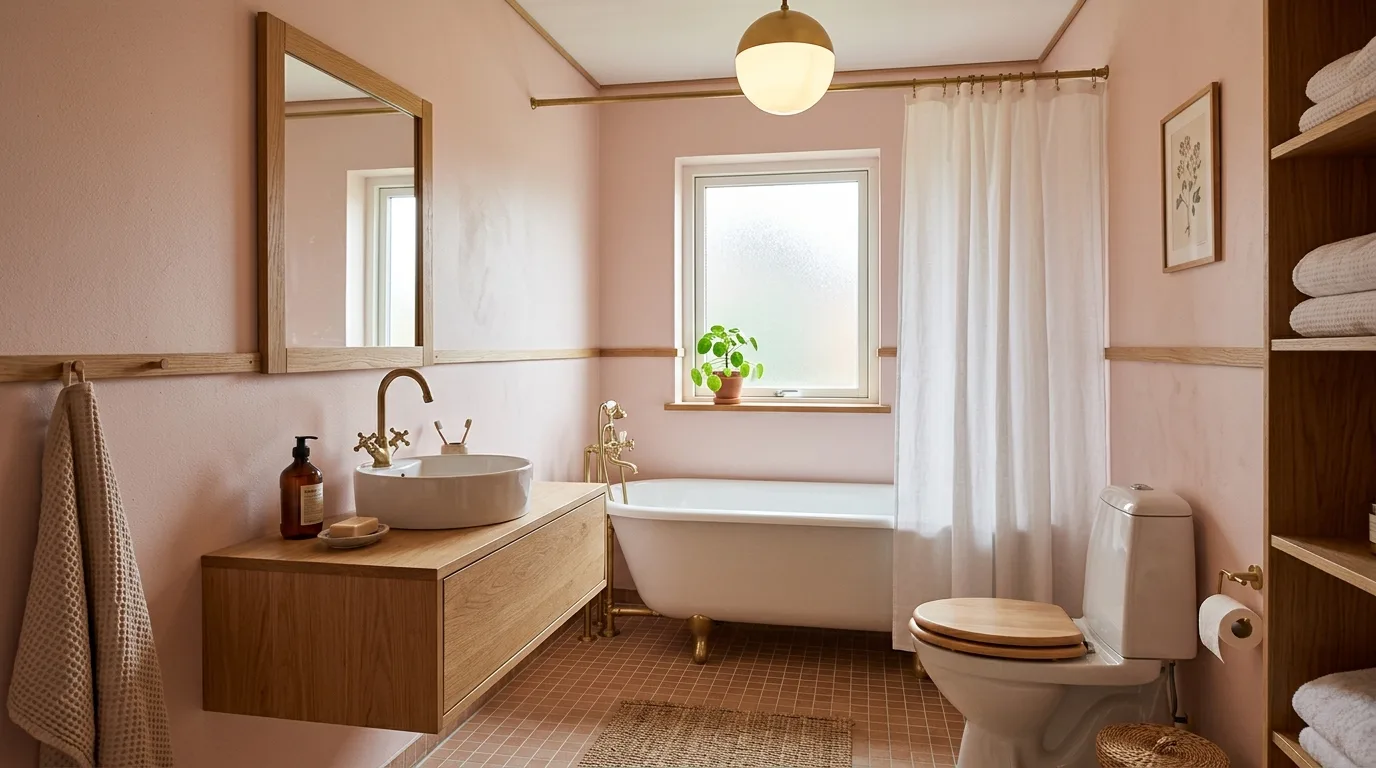 let the room feel personal and restful in a bathroom inspired by earthy pink brown warm.