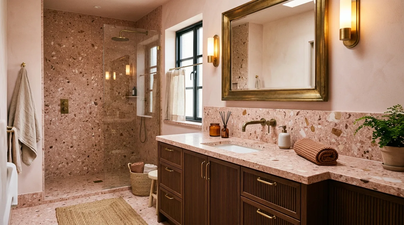 create a bathroom that feels complete in a bathroom inspired by earthy pink brown warm.