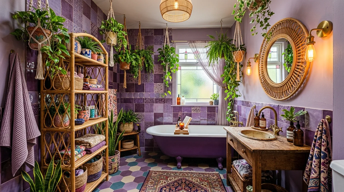 Eclectic Purple Bathroom Decor Ideas for a Boho Touch in a thoughtfully styled bathroom.