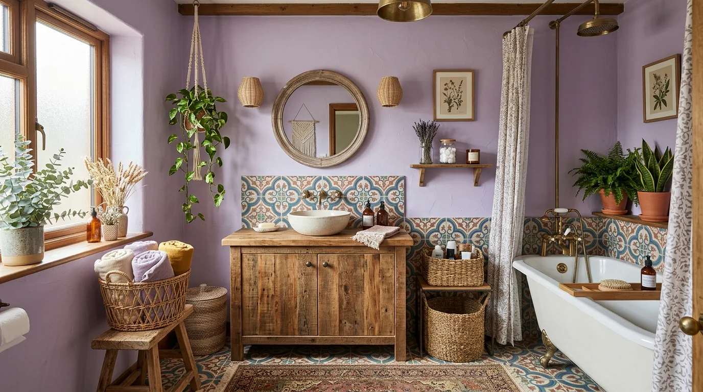 start with the main color or material story in a bathroom inspired by eclectic purple boho touch.