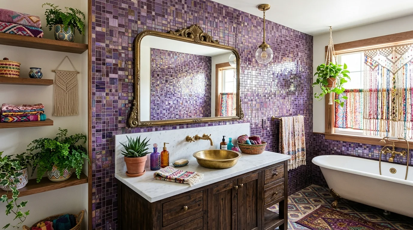 pair it with finishes that support the mood in a bathroom inspired by eclectic purple boho touch.