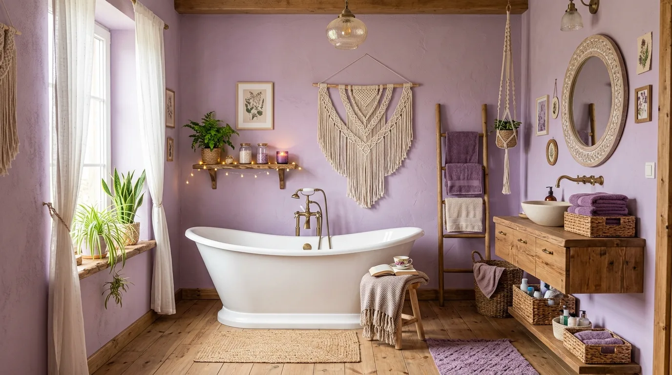 use lighting to bring the space to life in a bathroom inspired by eclectic purple boho touch.