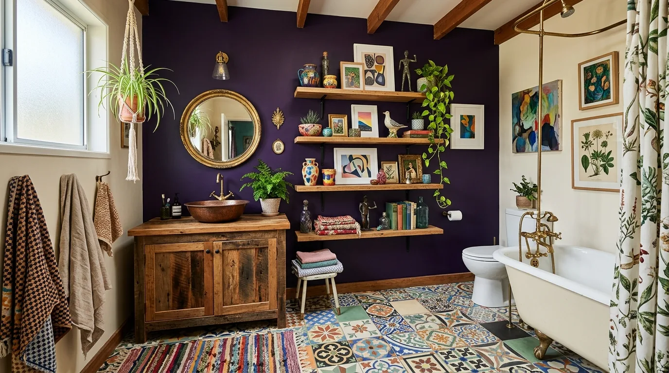 add texture for more depth in a bathroom inspired by eclectic purple boho touch.