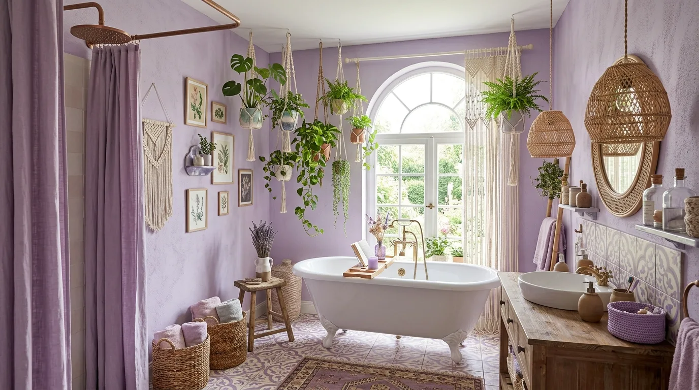 keep fixtures and lines thoughtful in a bathroom inspired by eclectic purple boho touch.