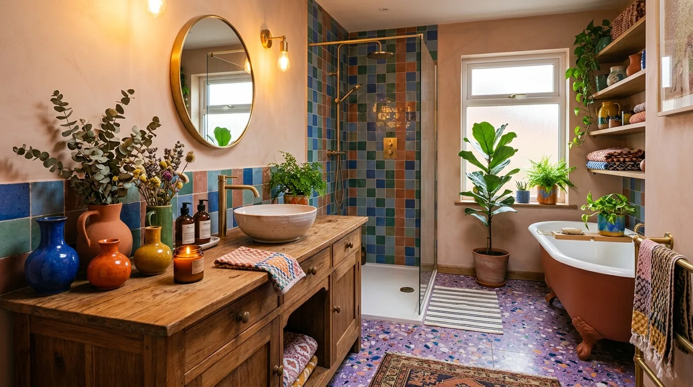 balance boldness with breathing room in a bathroom inspired by eclectic purple boho touch.
