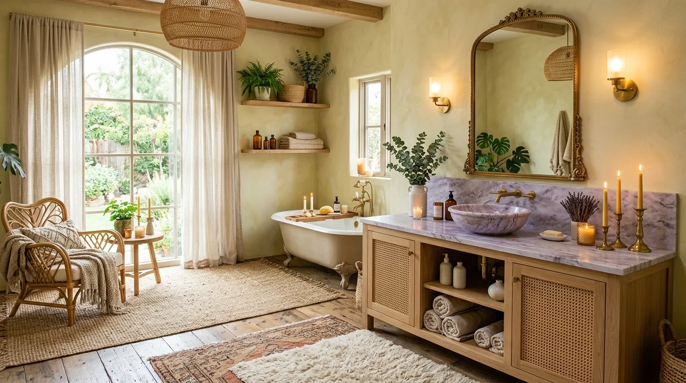 use decor that reinforces the look in a bathroom inspired by eclectic purple boho touch.