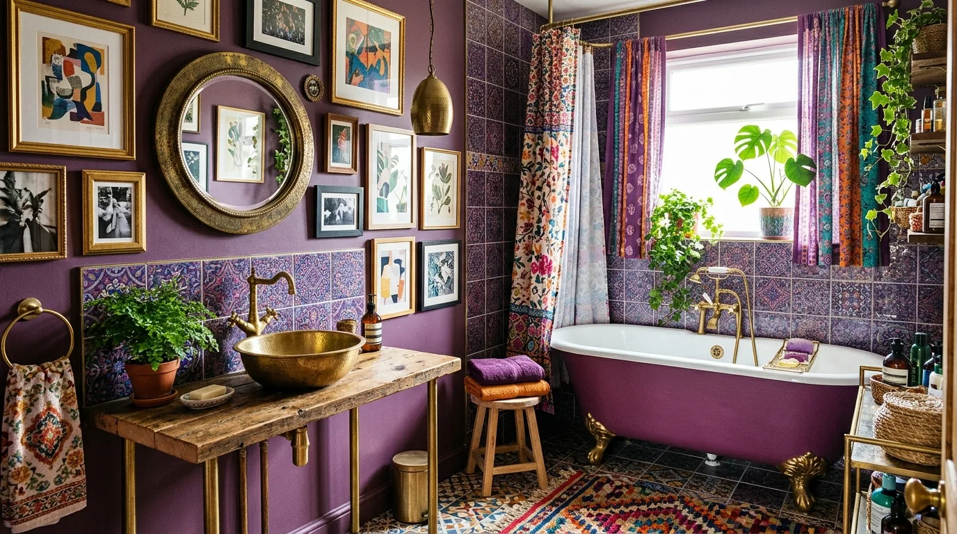 let the room feel personal and restful in a bathroom inspired by eclectic purple boho touch.