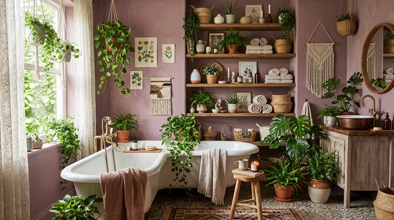 create a bathroom that feels complete in a bathroom inspired by eclectic purple boho touch.
