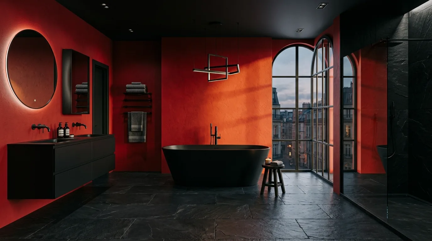 Edgy red and black bathroom with high-contrast style.