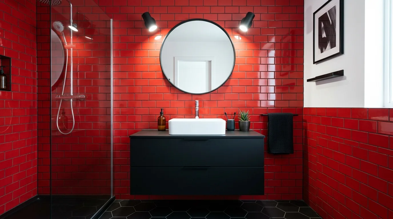 Black grounding a red bathroom palette with edgy contrast.