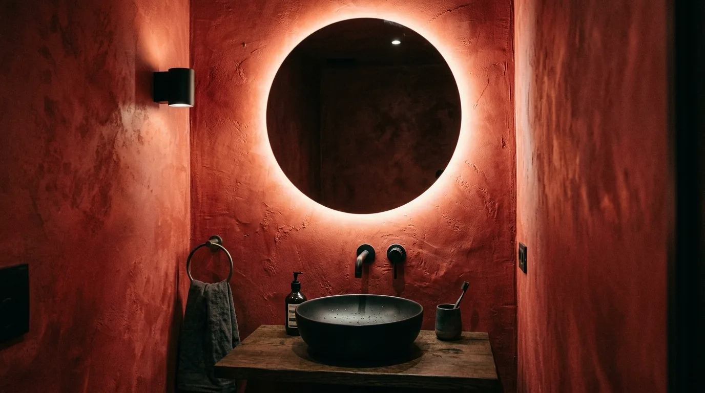 Red used in focused high-impact areas of a bathroom.