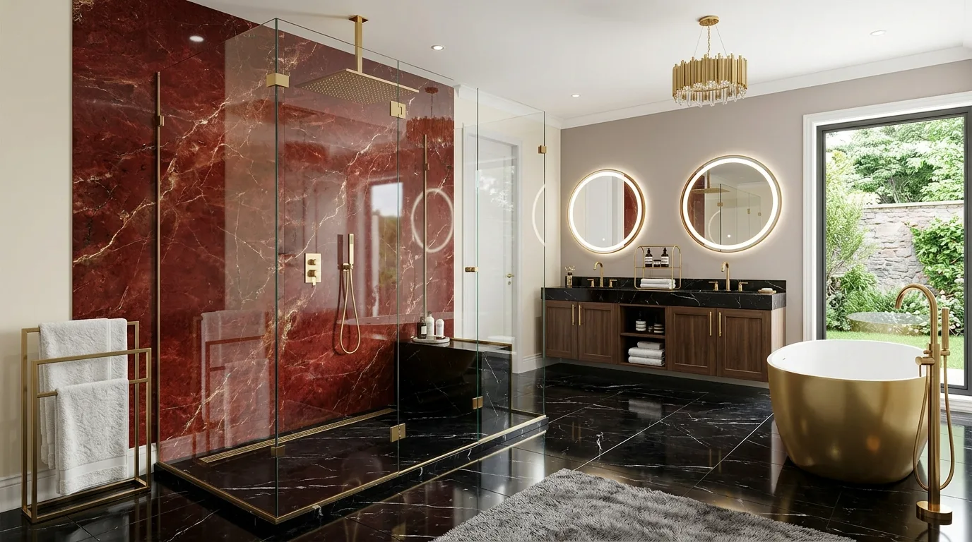 White and stone breaking up a red and black bathroom palette.