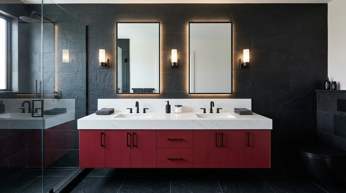 Matte finishes giving a red and black bathroom modern edge.