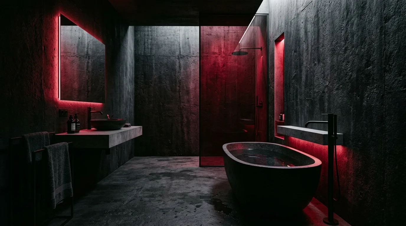 Restrained metal details in an edgy red and black bathroom.