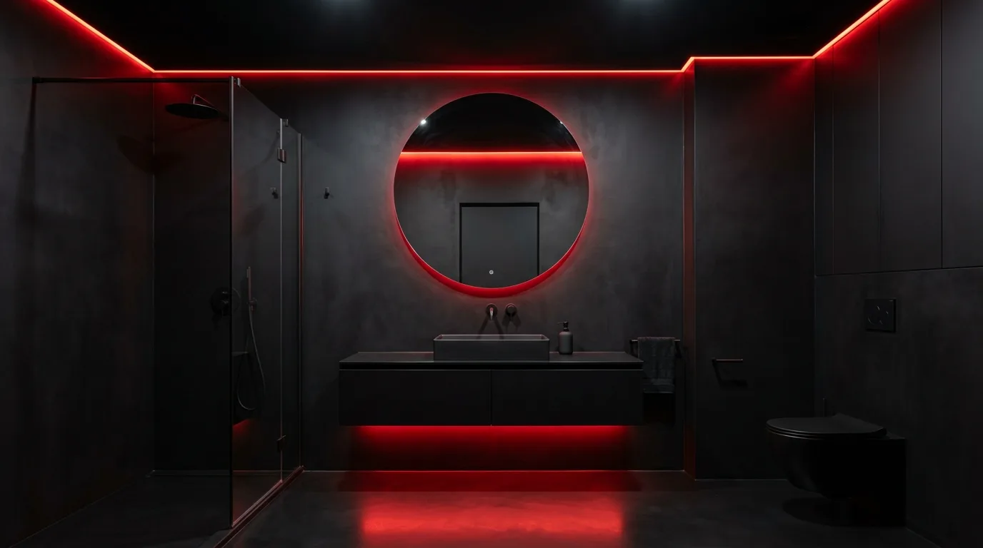 Sharp edited styling in a high-contrast red and black bathroom.