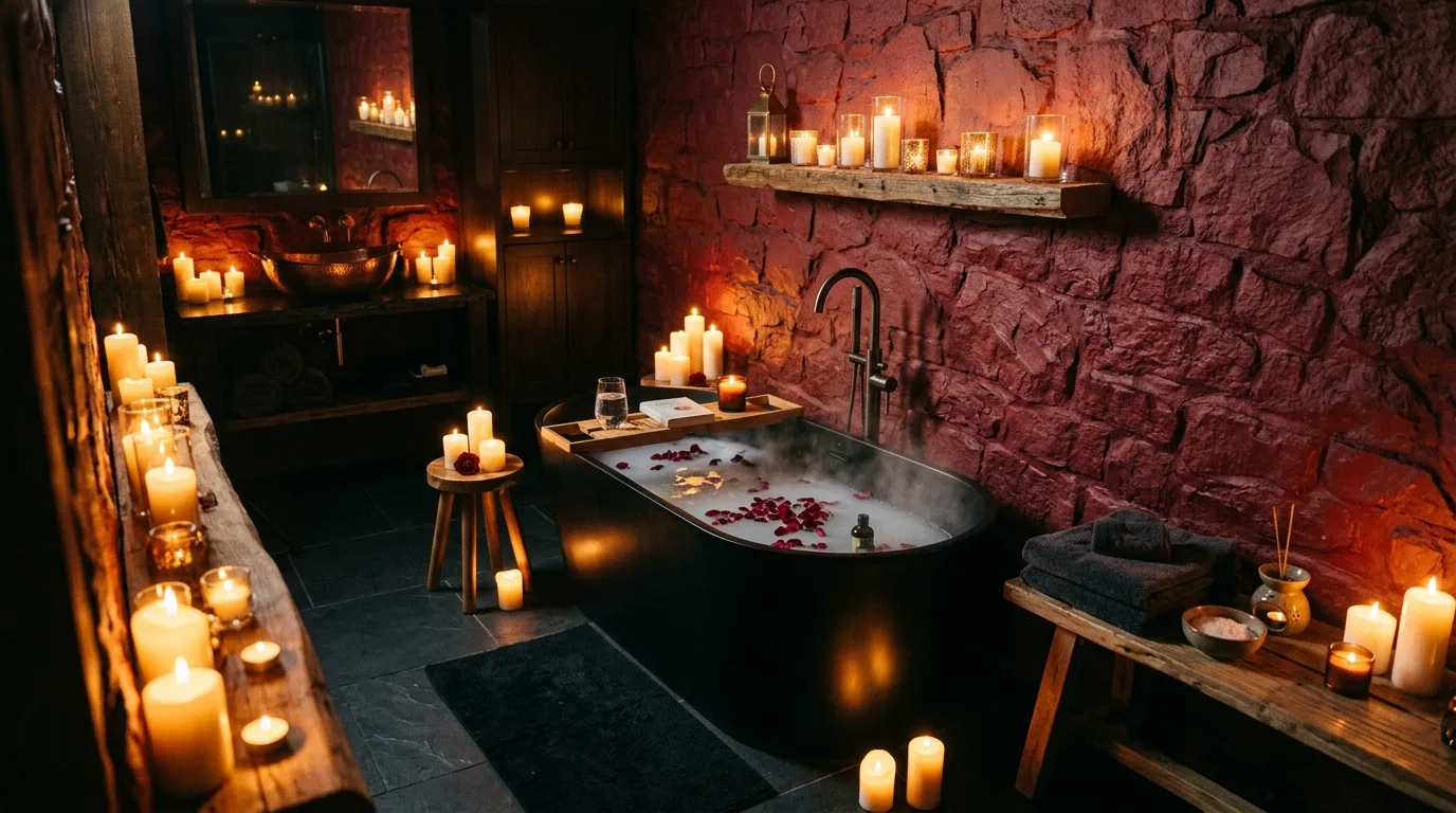 Texture adding depth beyond color in a red and black bathroom.