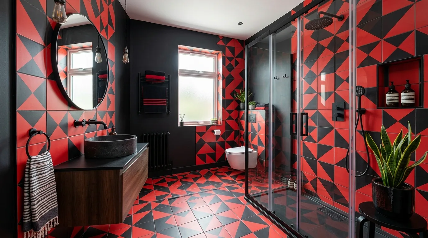 Bold controlled red and black bathroom with edgy style.