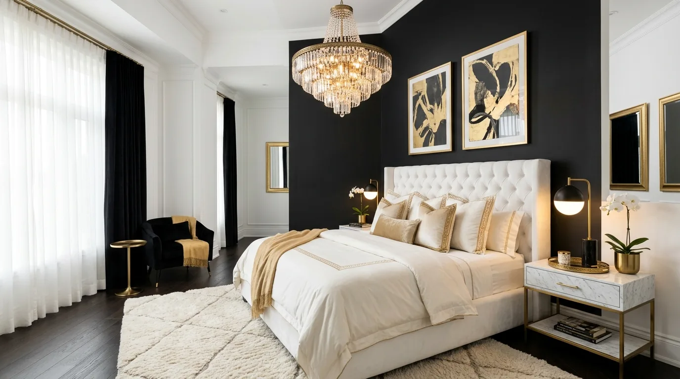 Elegant black white and gold bedroom with timeless glamour and layered polish.