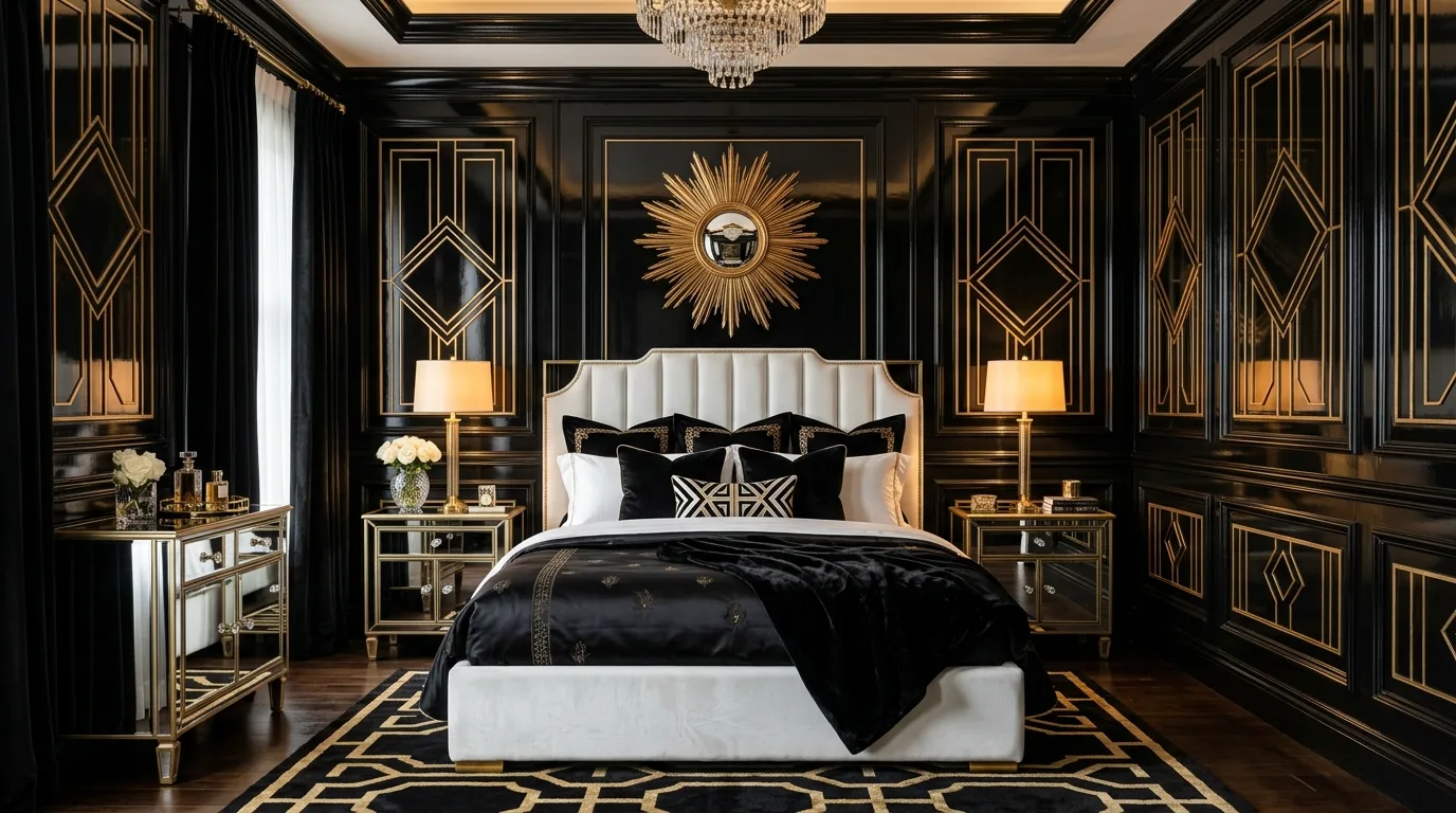 White walls and gold details around black furniture in an elegant bedroom.
