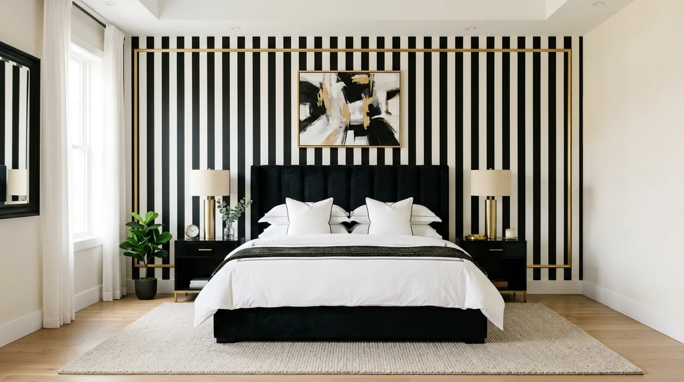 Black accent wall with gold-framed art in a timeless glamorous bedroom.