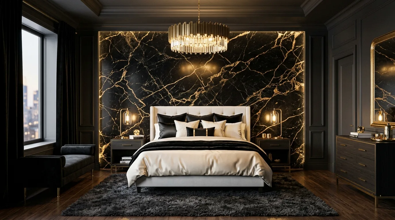 Crisp white bedding with black and gold lamps in an elegant bedroom.