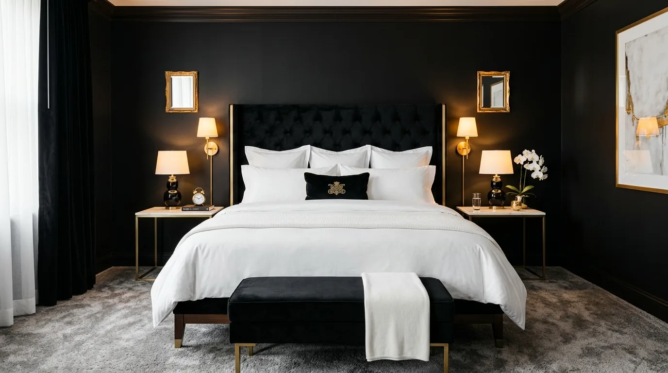 Black and white pattern with gold softness in a glamorous bedroom.