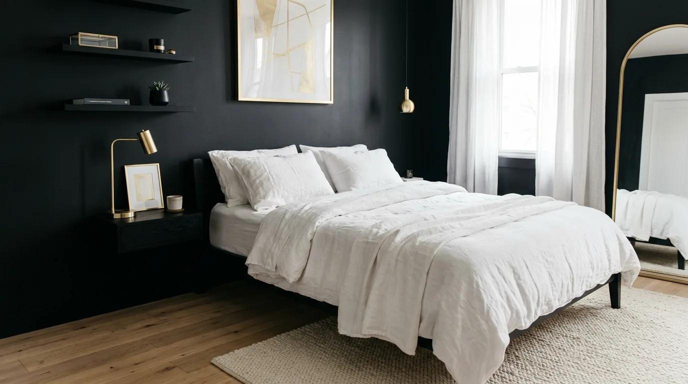 Gold mirror in a black and white room with elegant timeless glamour.