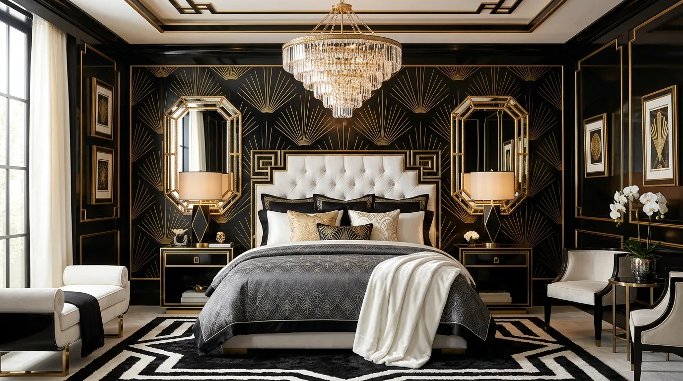 Black upholstery and white walls with gold touches in a glamorous bedroom.
