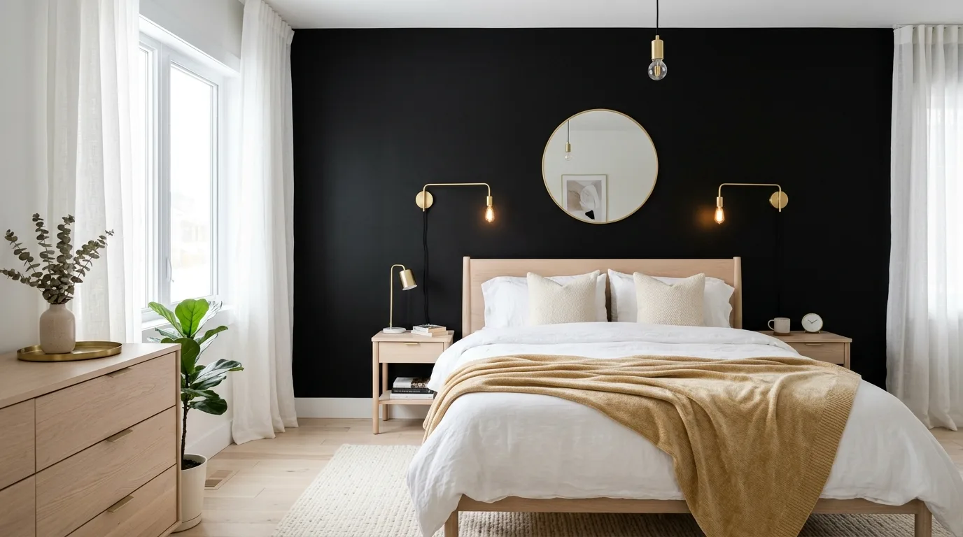 Cream layered into black white and gold for a softer glamorous bedroom.