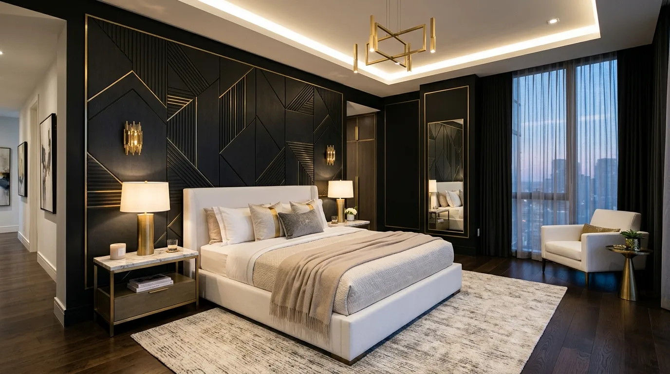 Black nightstands and gold sconces beside white bedding in an elegant room.