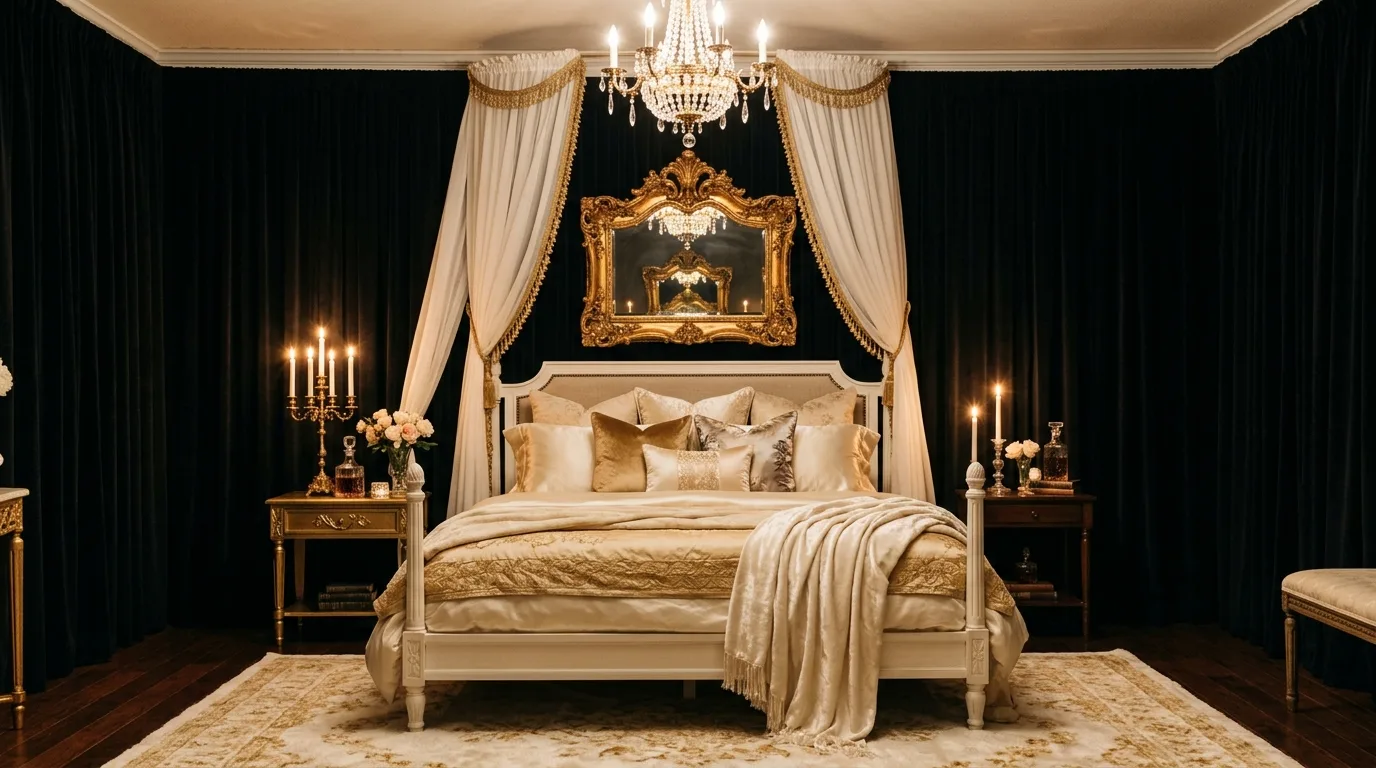 Glam ceiling light in a black white and gold bedroom with timeless polish.