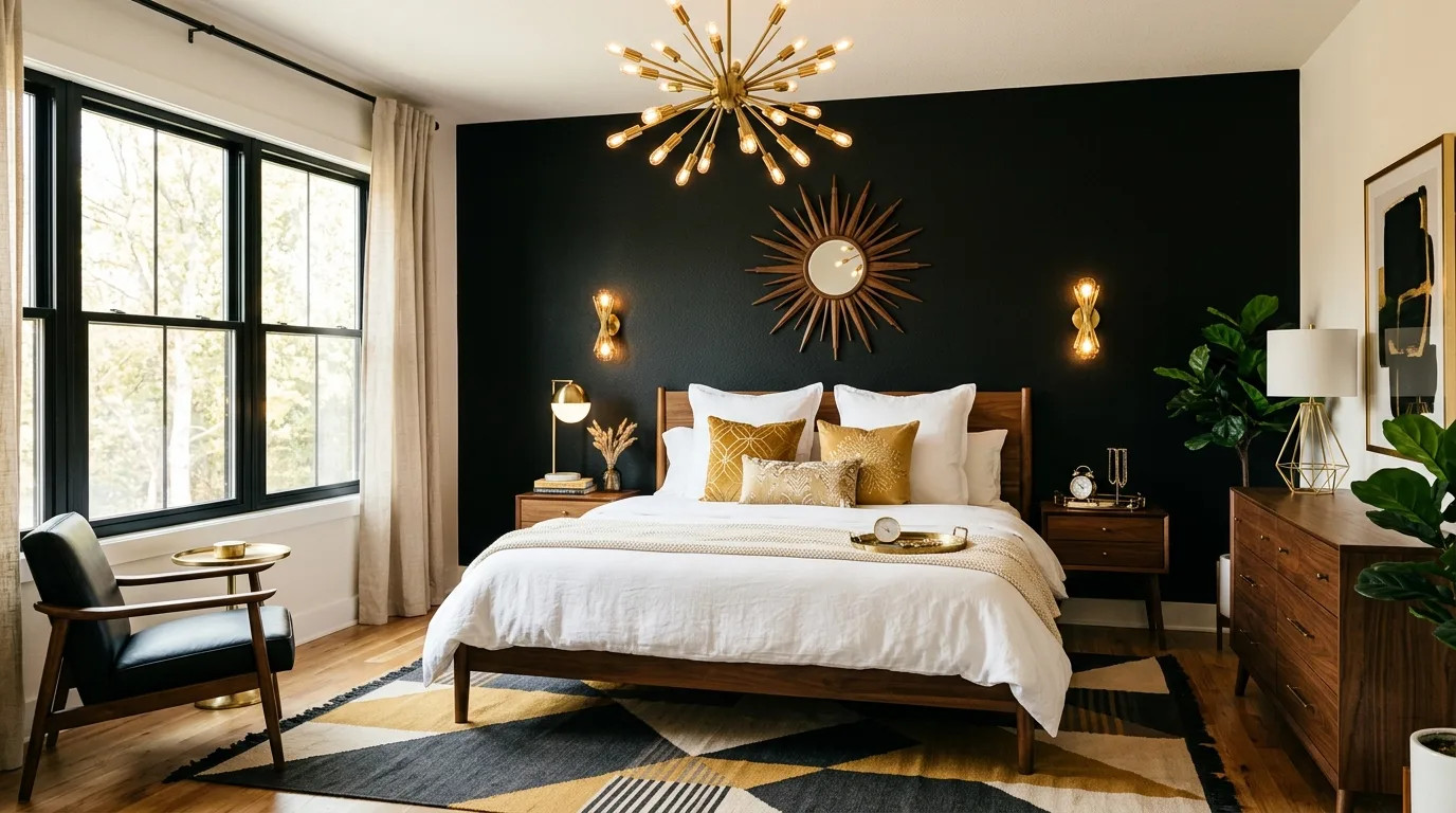 Gold hardware on black furniture in a white room with timeless glamour.