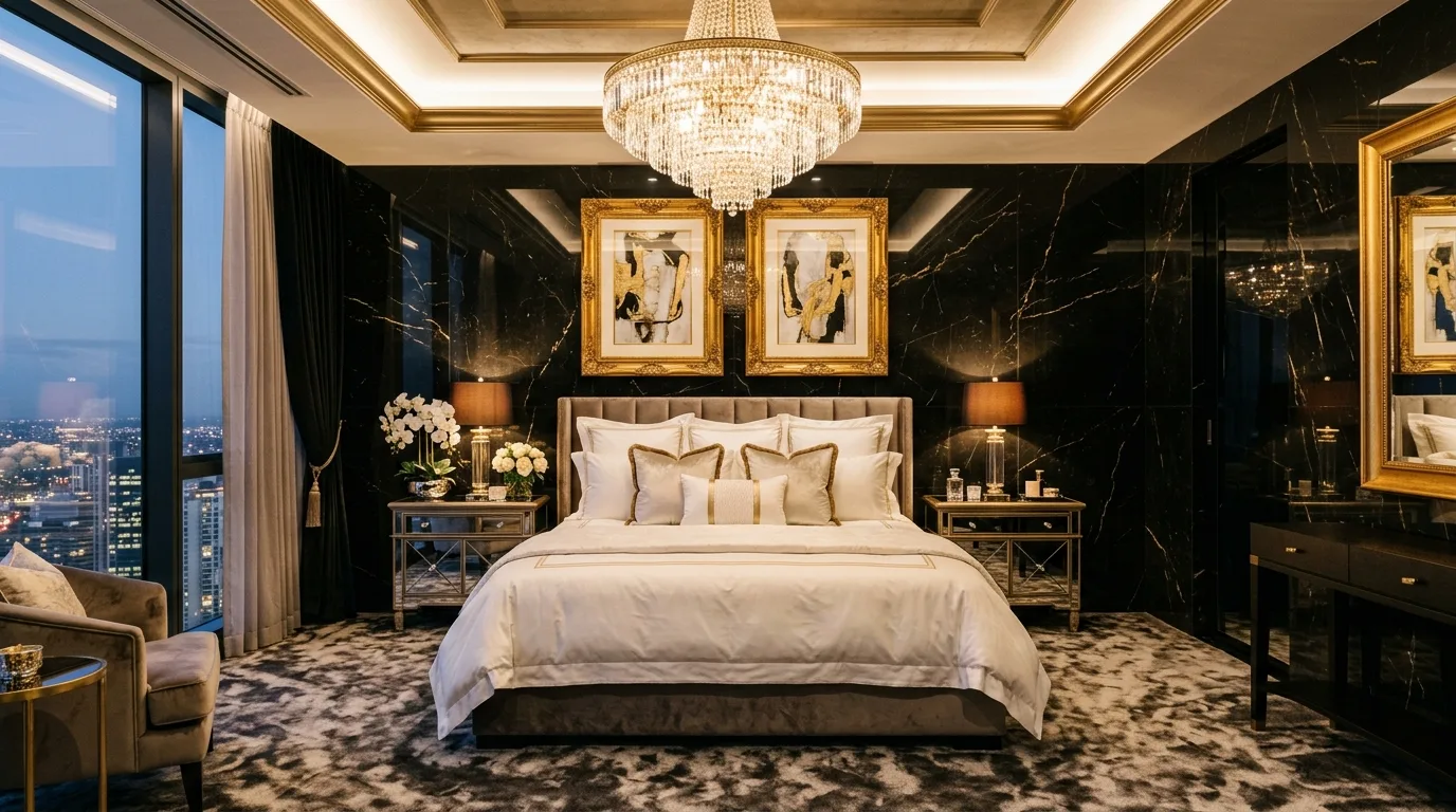 Soft textures in a high-contrast black white and gold glam room.
