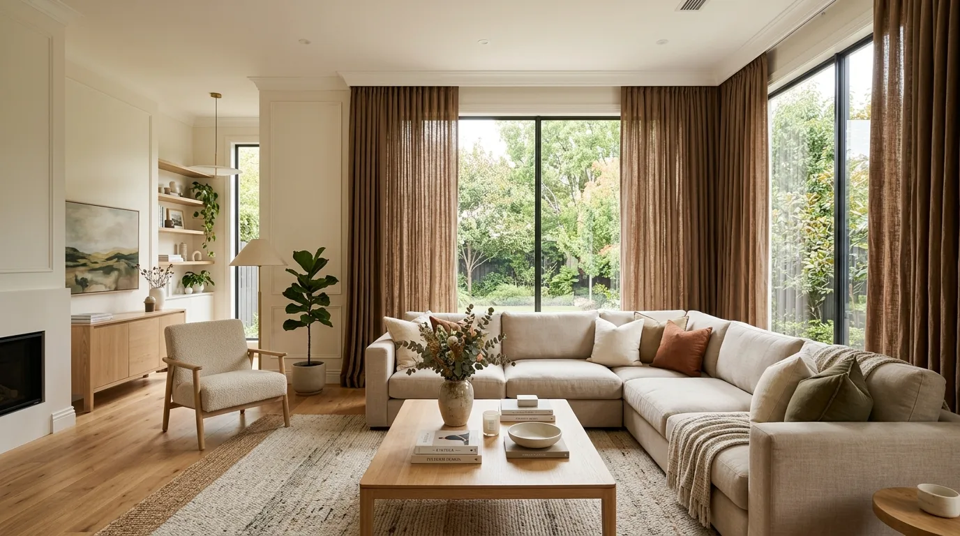 Elegant brown curtains framing a warm polished living room.
