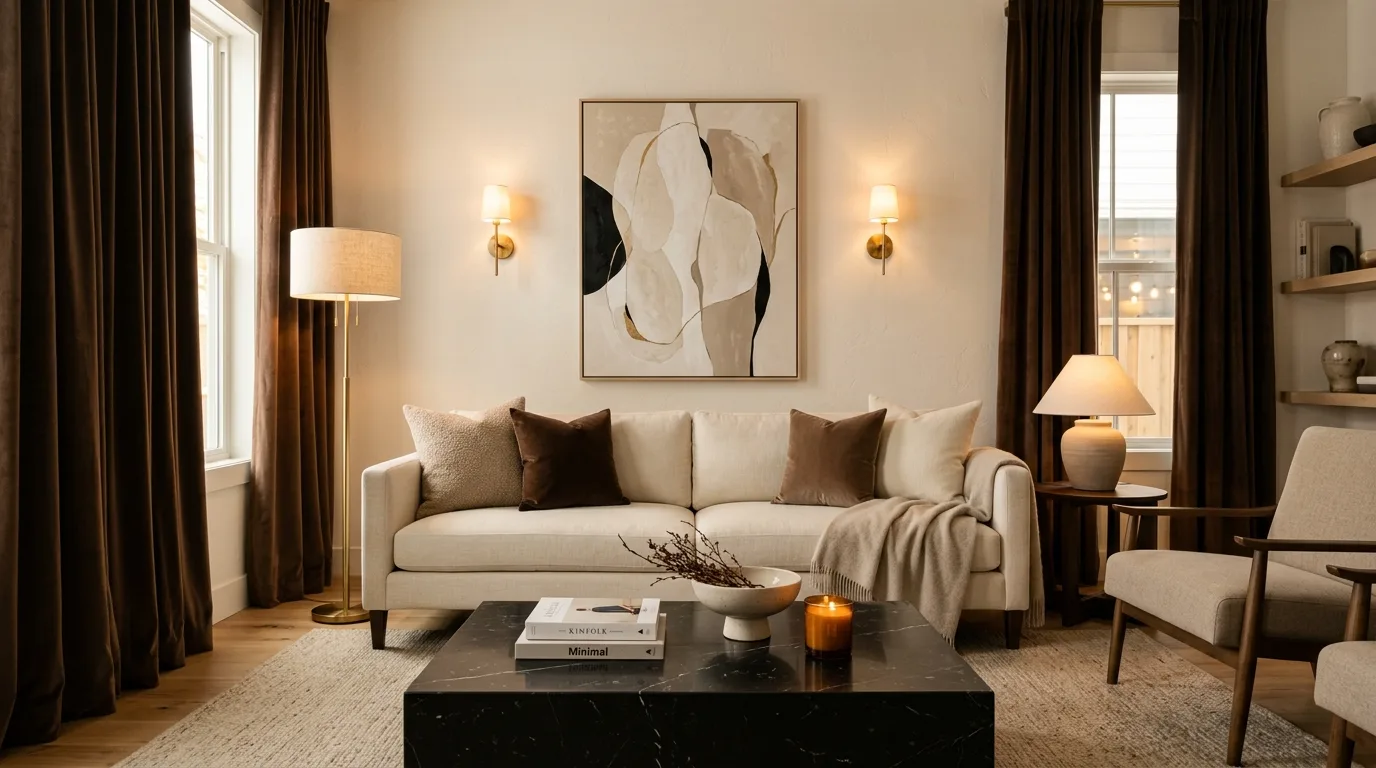 Brown curtains echoing wood tones in a cohesive living room.