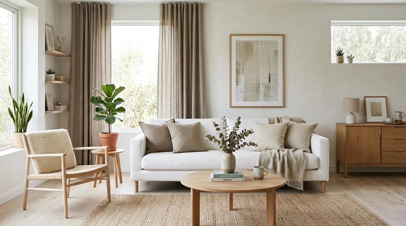 Brown curtains paired with cream walls in a soft living room.