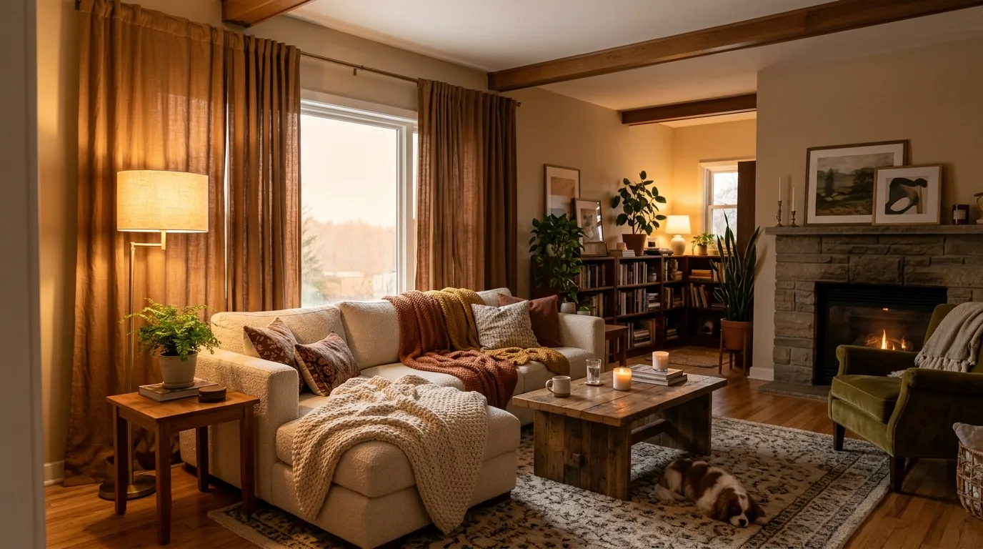Textured brown curtains adding softness to a living room window.
