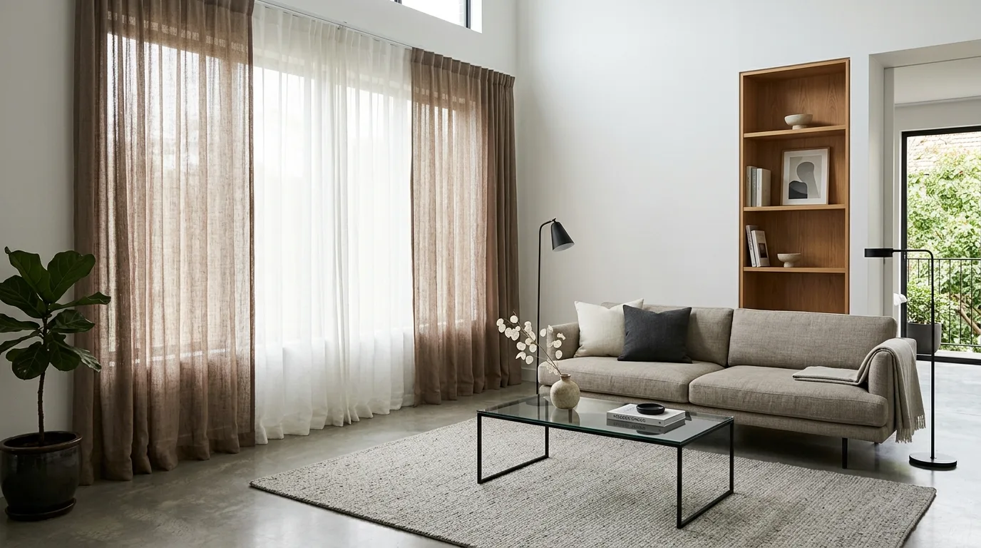 Brown curtains grounding a neutral living room palette.