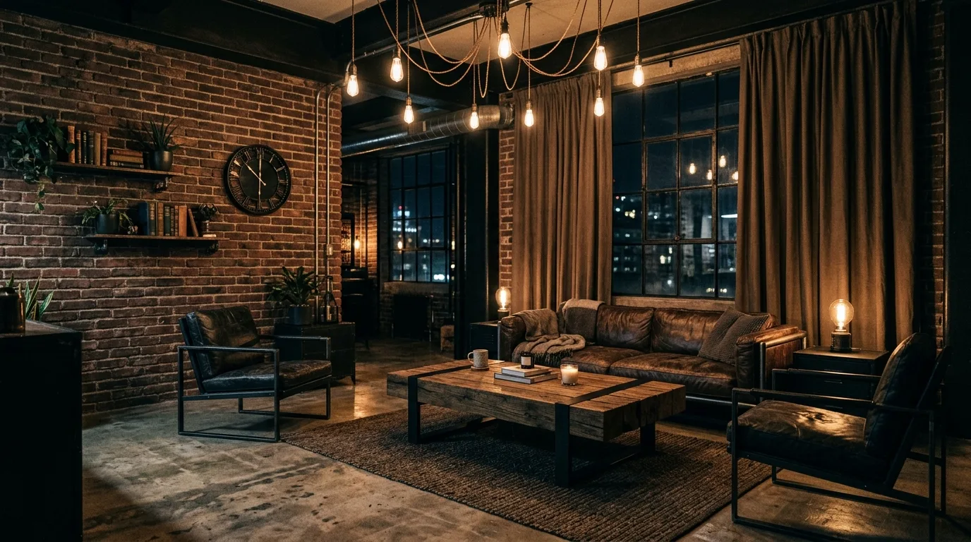 Floor-length brown curtains creating an elegant living room frame.