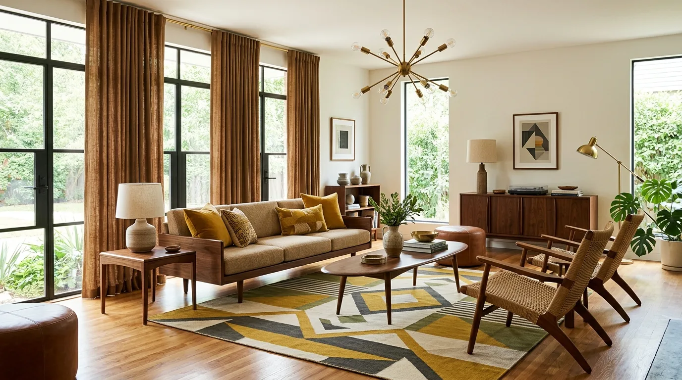 Repeated brown accents tying together elegant living room curtains.