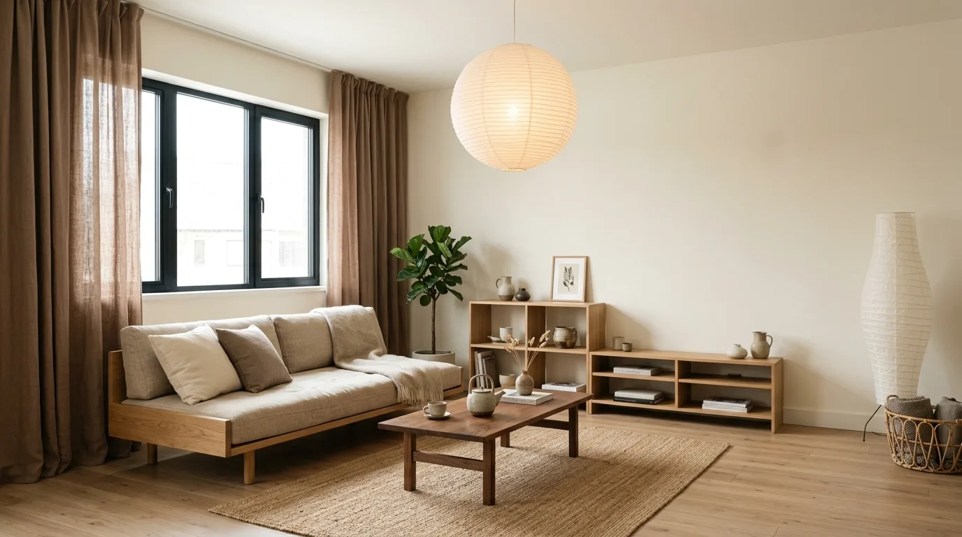 Darker brown curtains balanced by lighter living room elements.