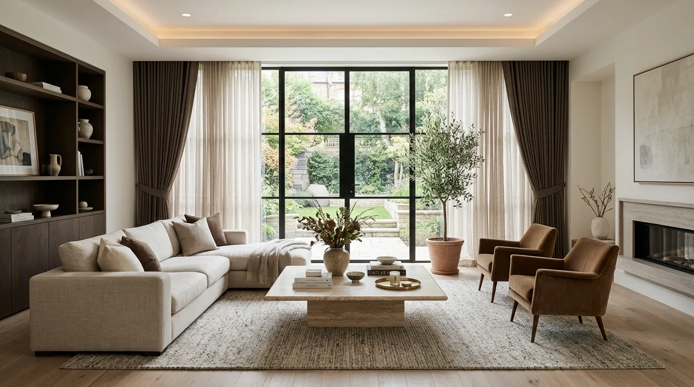Brown curtains giving the living room a warm elegant finished frame.