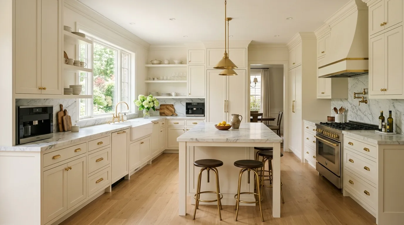 Elegant Ivory Kitchen Cabinets Ideas for a Soft Warm Glow in a thoughtfully styled kitchen.