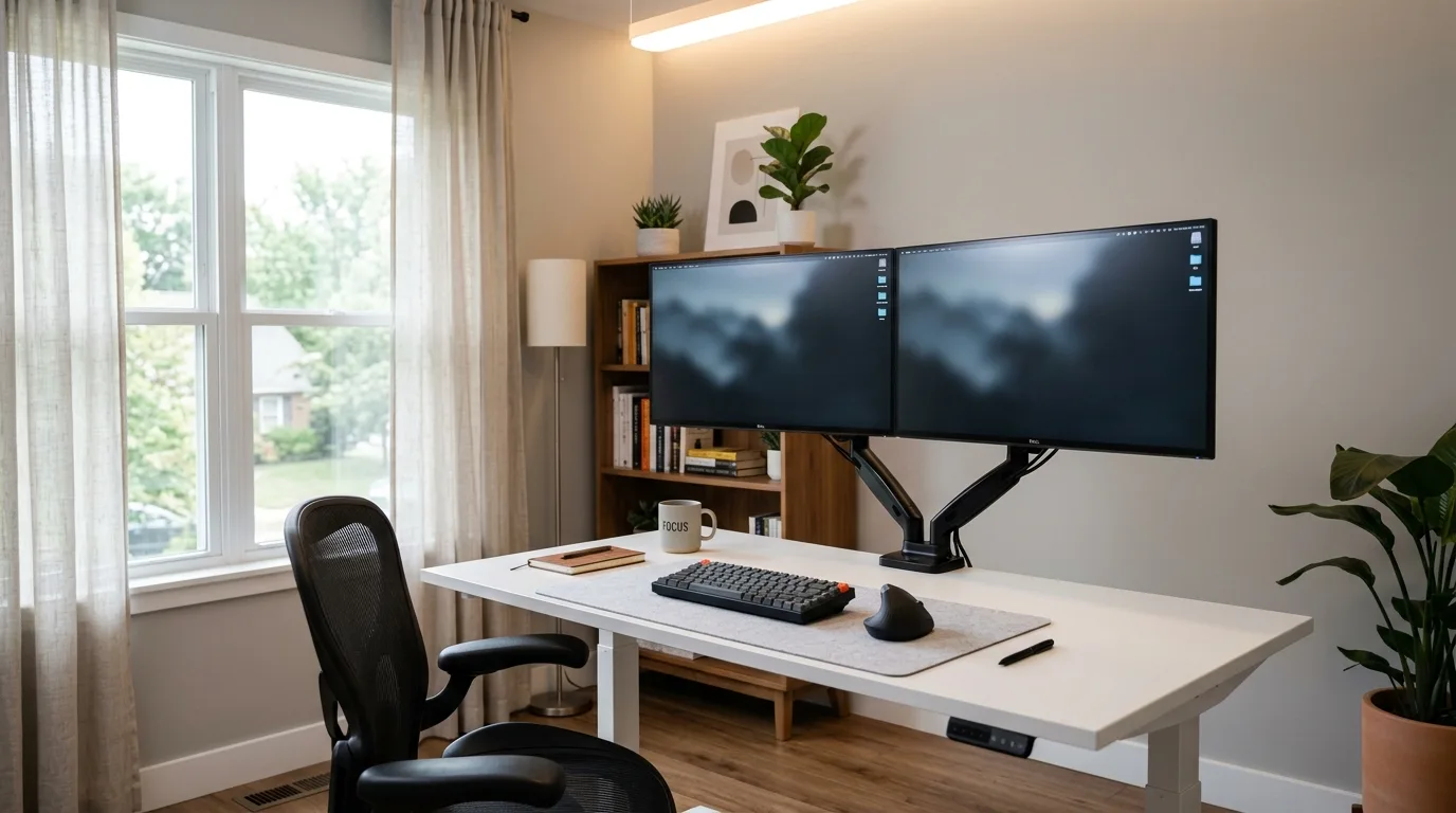 choose decor that supports focus in a home office inspired by ergonomic essentials all day.