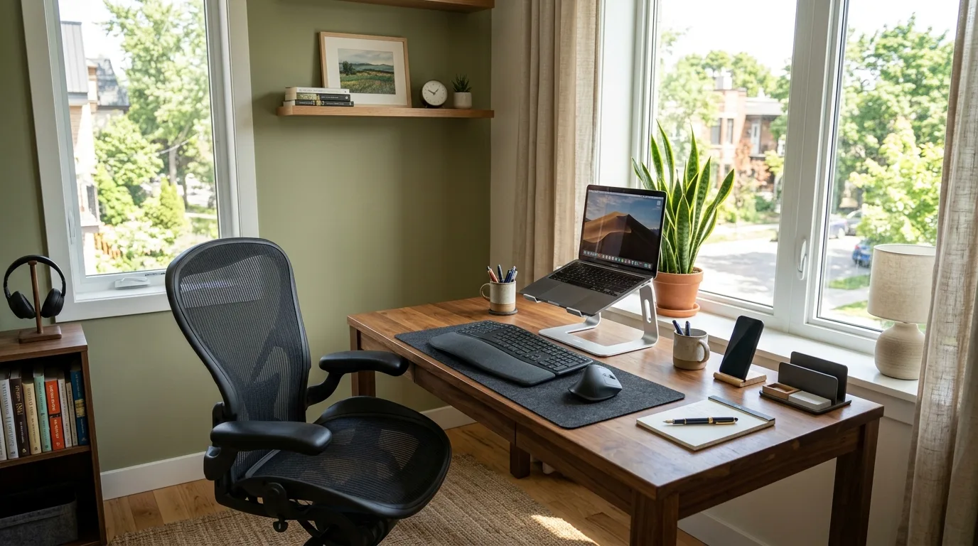 use lighting that helps you stay alert in a home office inspired by ergonomic essentials all day.