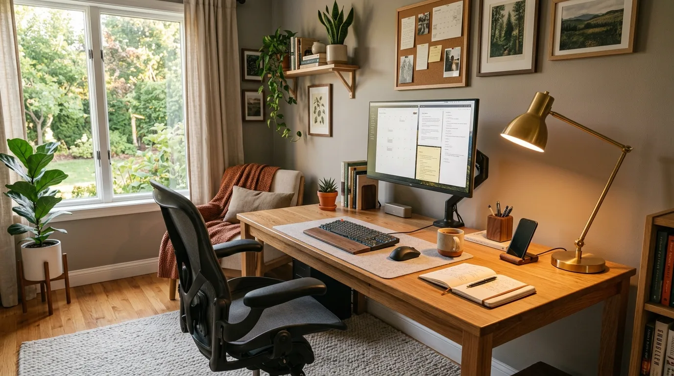 use layout to reduce daily friction in a home office inspired by ergonomic essentials all day.
